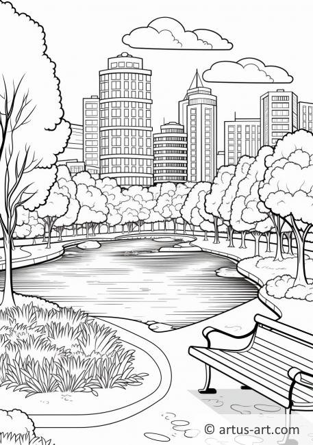Page de coloriage du parc de la ville avec un étang